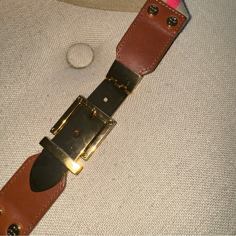 Tory Burch Hinged Gold Buckle Stretch Belt Pink Tan S - Picture 4 of 6